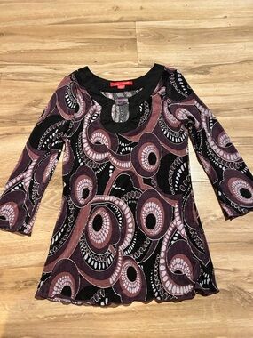 Womens Black & Mauve Wave-Print Keyhole Blouse